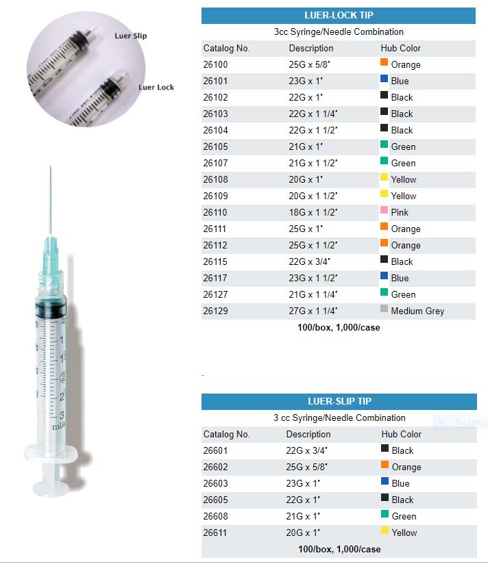 162-26115 Exel Lure Lock Syringe 3cc With 22g x ¾' Needle, 100/bx