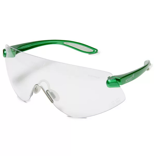 74-100707 Protective eyewear, GREEN frames and clear lens ophthalmic quality anti-scratch coating, lightweight frames, silicone nose piece