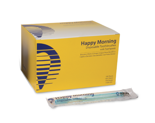 74-605401 Happy Morning Single-Use Toothbrush With Mint Toothpaste, Box of 100 Brushes.
