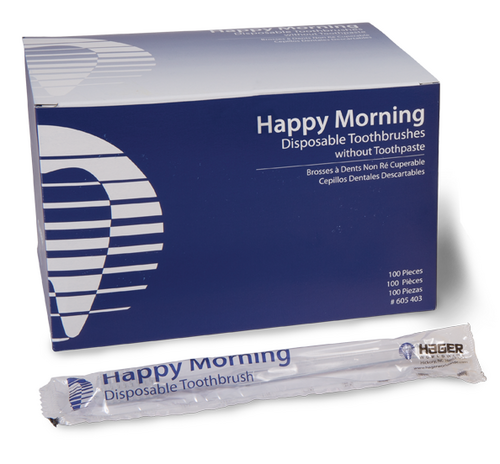 74-605403 Happy Morning Single-Use Toothbrush Without Toothpaste, Box of 100 Brushes.
