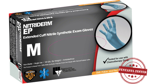 94-182200 NitriDerm EP Nitrile exam gloves, Medium, Extended Cuff, Blue, Non-Sterile, Powder-Free (PF), Textured, 5.5 mil, box of 100