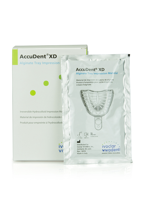 28-673471 Accudent XD Alginate Tray Impression Material, 12 - 24 g Packets. Irreversible hydrocolloid impression material used for dentate and edentulous impres
